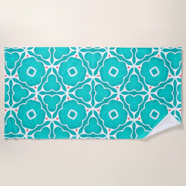 Teal Floral Moroccan Tile Pattern Beach Towel (Front)