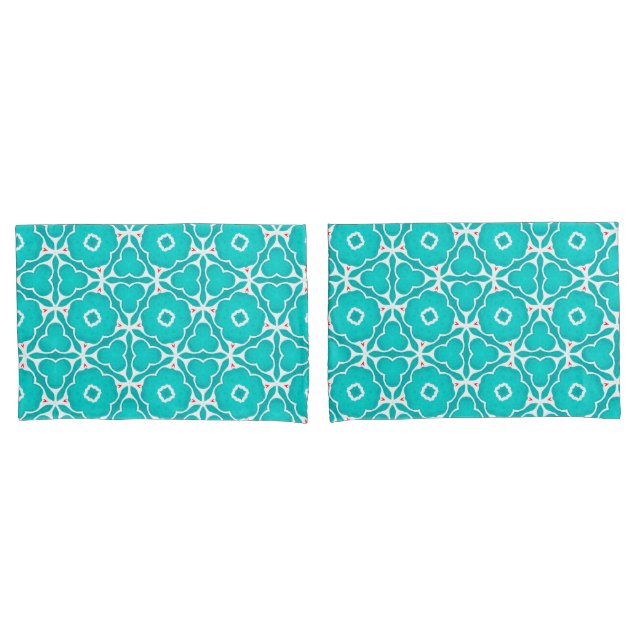 Teal Floral Moroccan Tile Pattern Pillowcase (Front-Set)
