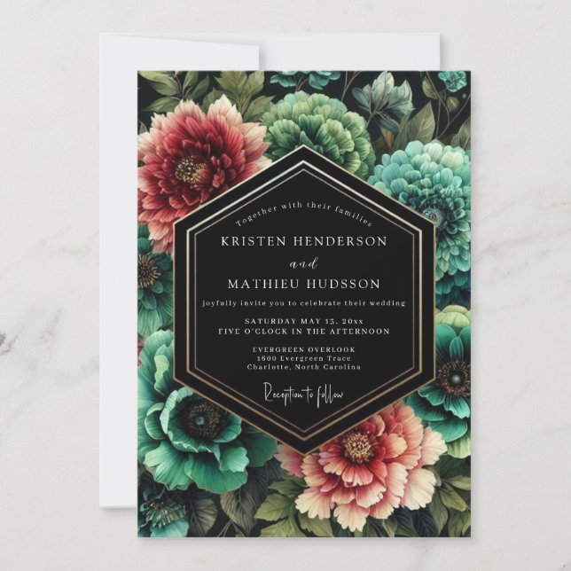 Teal Floral Nocturne Wedding Invitation (Front)