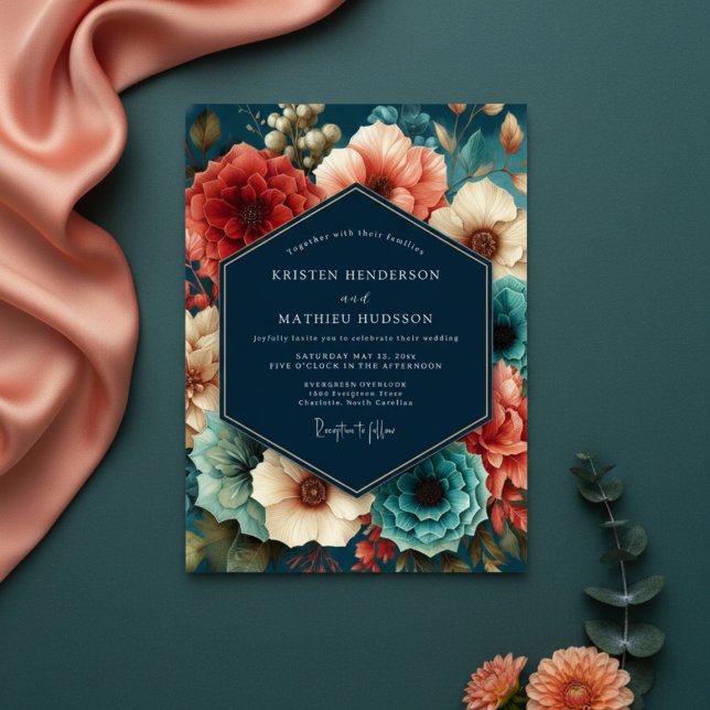 Teal Floral Opulent Autumn Wedding Invitation (Creator Uploaded)
