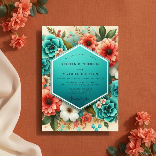 Teal Floral Opulent Romance Wedding Invitation (Creator Uploaded)