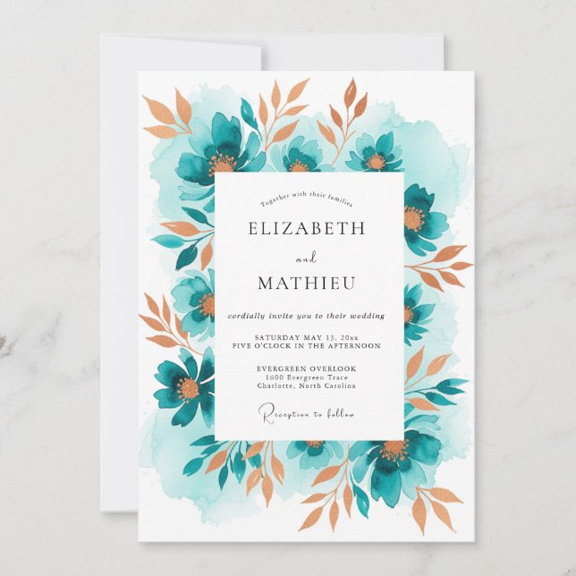 Teal Floral Painterly Romantic Wedding Invitation (Front)