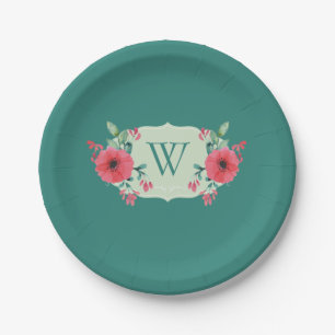 Teal Floral Paper Plates with Flowers