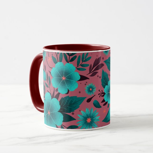 Teal Floral Pattern on Maroon Background Mug (Front Left)