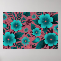 Teal Floral Pattern on Maroon Background