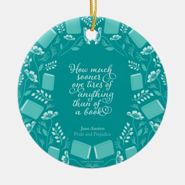 Teal Floral Pride & Prejudice Bookish Quote Ceramic Tree Decoration (Front)