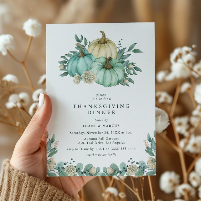 Teal Floral Pumpkin Thanksgiving Dinner Invitation (Creator Uploaded)