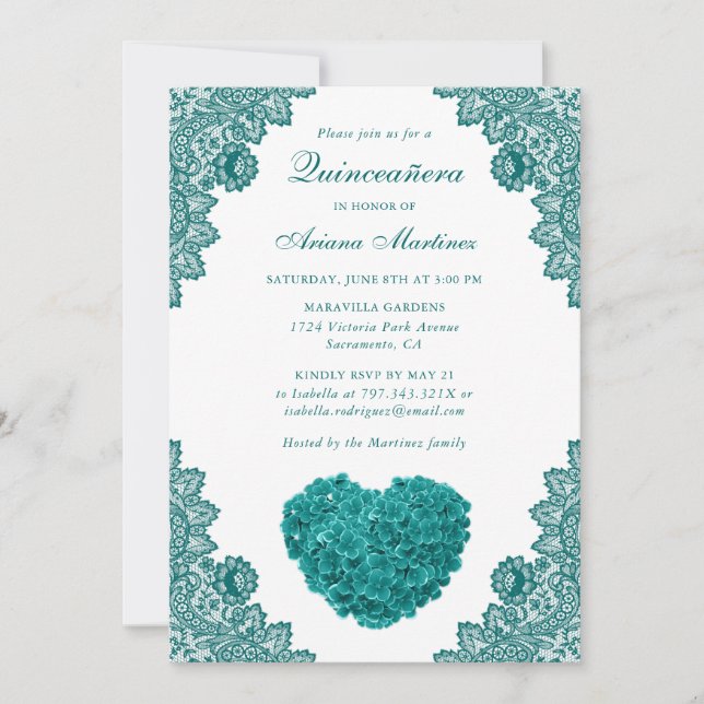 Teal Floral Quinceañera 15th Birthday Invitation (Front)