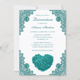 Teal Floral Quinceañera 15th Birthday Invitation