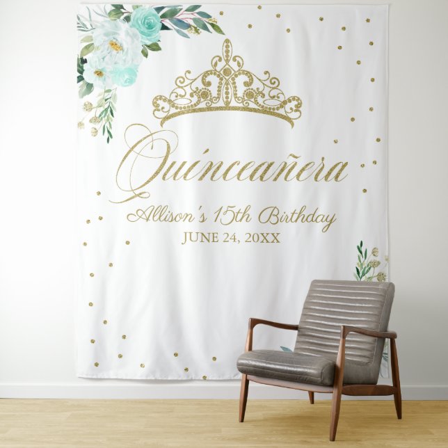 Teal Floral Quinceanera Backdrop Tapestry (In Situ)