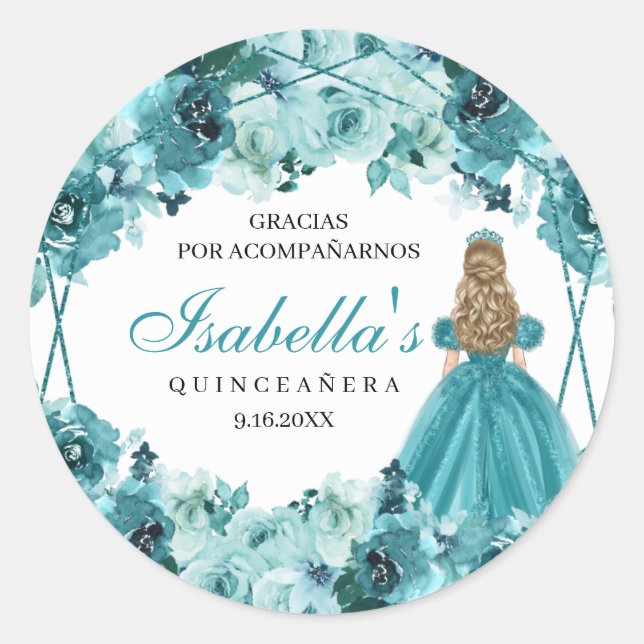 Teal Floral Quinceanera Classic Round Sticker (Front)