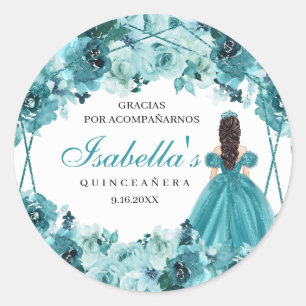 Teal Floral Quinceanera Classic Round Sticker