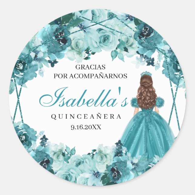 Teal Floral Quinceanera Classic Round Sticker (Front)