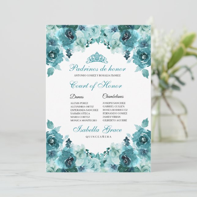 Teal Floral Quinceanera Court of Honour Invitation (Standing Front)