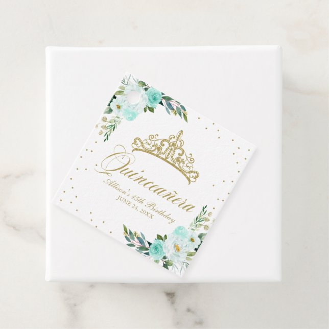 Teal Floral Quinceanera Favour Tags (In Situ)