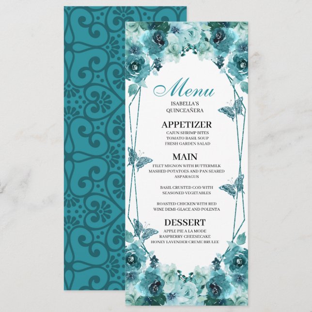 Teal Floral Quinceanera Menu  Invitation (Front/Back)