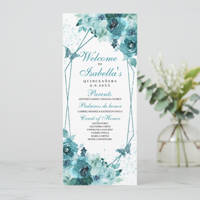 Teal Floral Quinceanera Program Invitation (Standing Front)