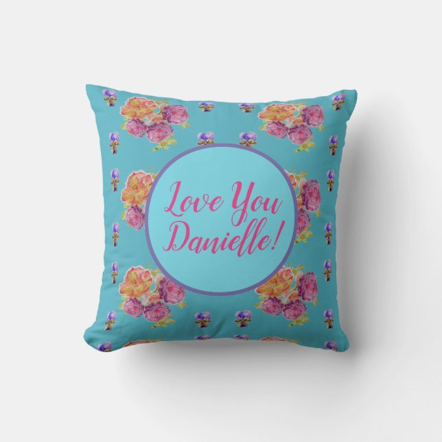 Teal Floral Rose Love Girls Ladies Name Cushion (Front)