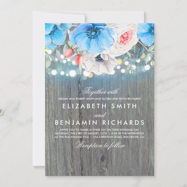Teal Floral Rustic String Lights Wedding Invitation (Front)