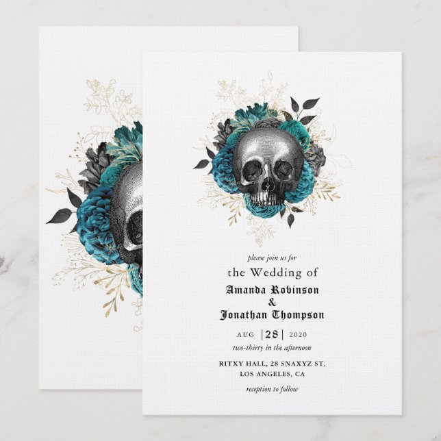 Teal Floral Skull Halloween Gothic Wedding Invitation (Front/Back)
