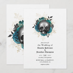 Teal Floral Skull Halloween Gothic Wedding Invitation