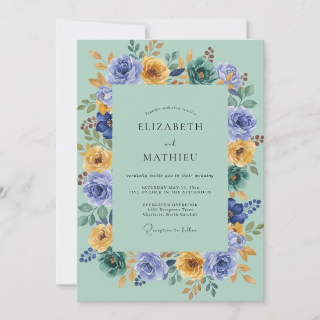 Teal Floral Spring Wedding Invitation (Front)
