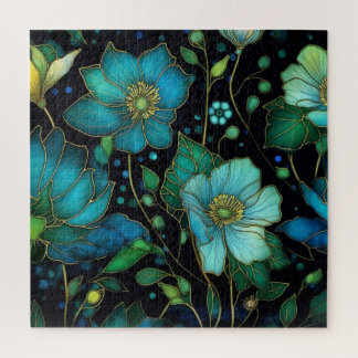 Teal Floral Stained Glass Botanical Jigsaw Puzzle