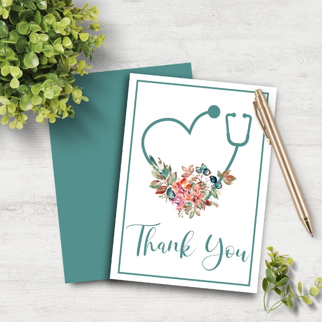 Teal Floral Stethoscope Heart Thank You Card (Teal Floral Stethoscope Heart Thank You Card)