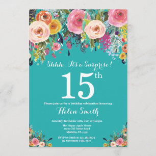 Teal Floral Surprise 15th Birthday Invitation