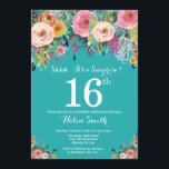 Teal Floral Surprise 16th Birthday Invitation<br><div class="desc">Teal Floral Surprise 16th Birthday Invitation for Girl. Watercolor Floral Flower. Teal Aqua Turquoise Background. Pink, Yellow, Orange, Purple Flower. Adult Birthday. 13th 15th 16th 18th 20th 21st 30th 40th 50th 60th 70th 80th 90th 100th, Any Ages. For further customisation, please click the "Customise it" button and use our design...</div>
