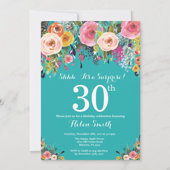 Teal Floral Surprise 30th Birthday Invitation (Front)