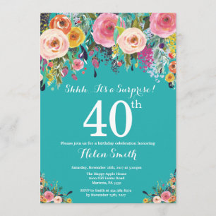 Teal Floral Surprise 40th Birthday Invitation