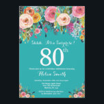 Teal Floral Surprise 80th Birthday Invitation<br><div class="desc">Teal Floral Surprise 80th Birthday Invitation for Women. Watercolor Floral Flower. Teal Aqua Turquoise Background. Pink, Yellow, Orange, Purple Flower. Adult Birthday. 13th 15th 16th 18th 20th 21st 30th 40th 50th 60th 70th 80th 90th 100th, Any Ages. For further customisation, please click the "Customise it" button and use our design...</div>