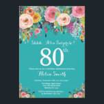 Teal Floral Surprise 80th Birthday Invitation<br><div class="desc">Teal Floral Surprise 80th Birthday Invitation for Women. Watercolor Floral Flower. Teal Aqua Turquoise Background. Pink, Yellow, Orange, Purple Flower. Adult Birthday. 13th 15th 16th 18th 20th 21st 30th 40th 50th 60th 70th 80th 90th 100th, Any Ages. For further customisation, please click the "Customise it" button and use our design...</div>