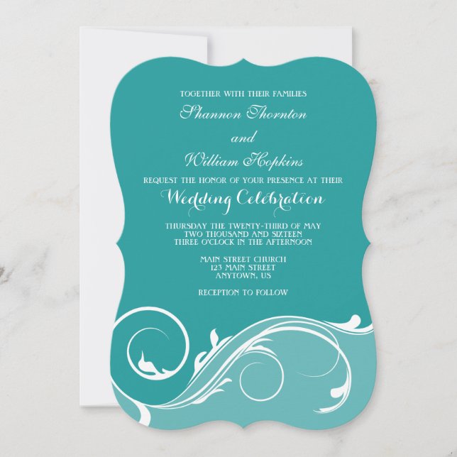 Teal Floral Swirl Bracket Wedding Invites (Front)
