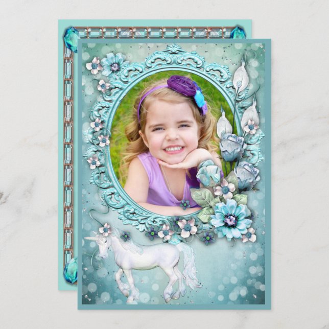 Teal Floral Unicorn Photo Birthday Party Invitation (Front/Back)