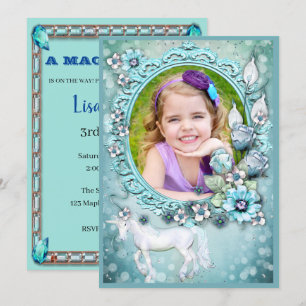 Teal Floral Unicorn Photo Birthday Party Invitation