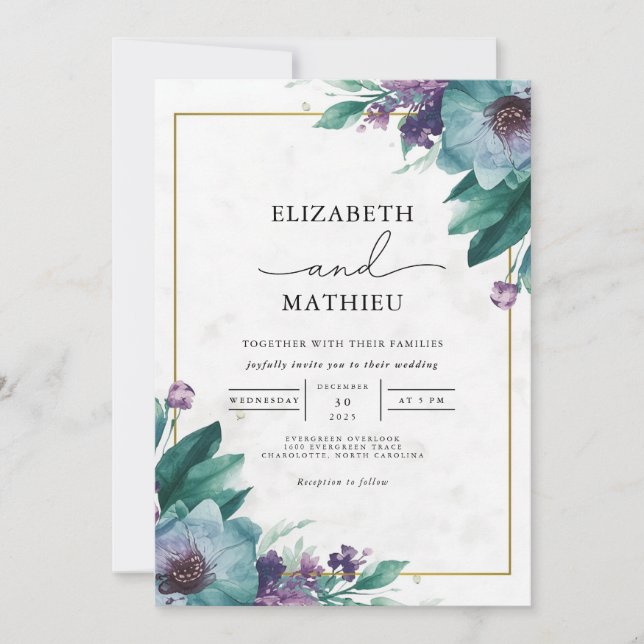Teal Floral Wash Wedding Invitation (Front)