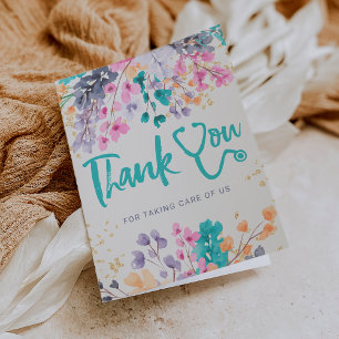 Teal floral watercolor stethoscope nurse thank you card