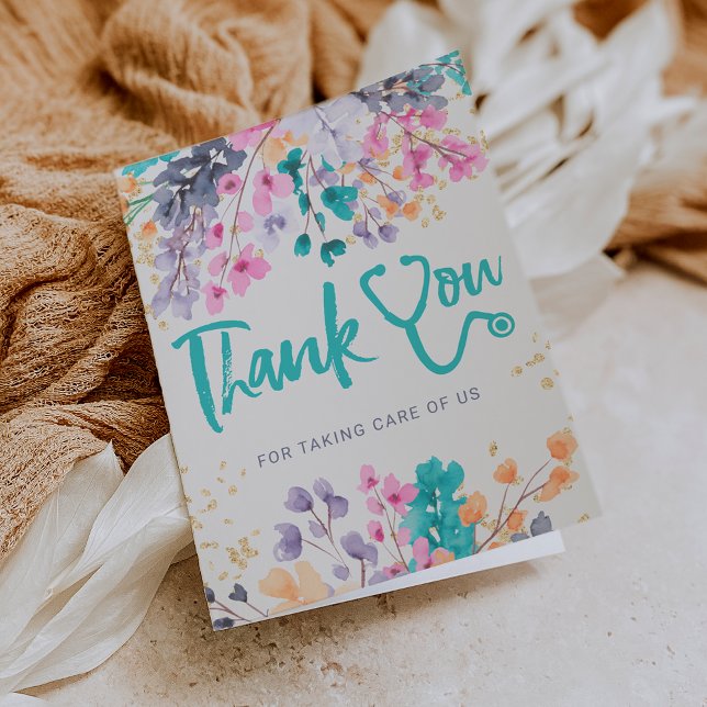 Teal floral watercolor stethoscope nurse thank you card (Creator Uploaded)