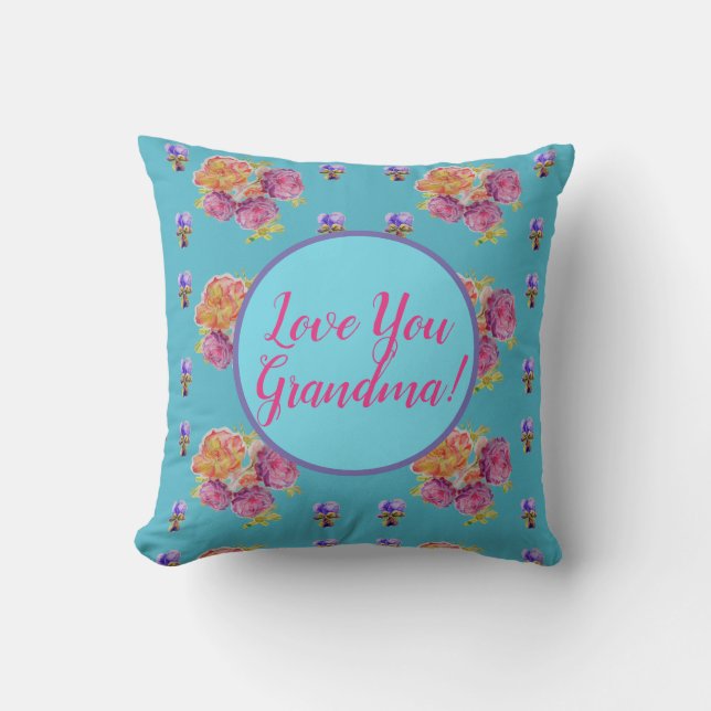Teal  Floral Watercolour Love You Grandma Cushion (Front)