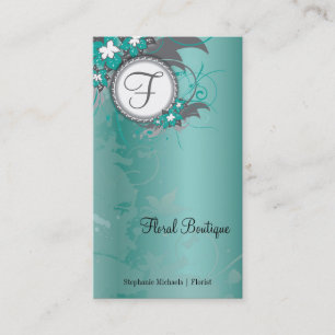 Teal Floral Wedding Elegant Business Card Monogram