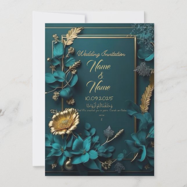Teal floral wedding invitation  (Front)