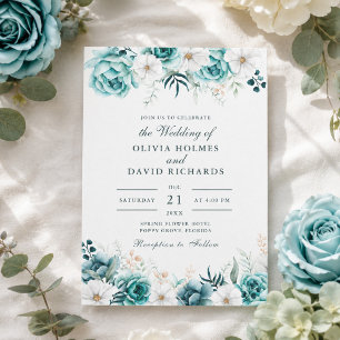 Teal Floral Wedding Invitation   Botanical