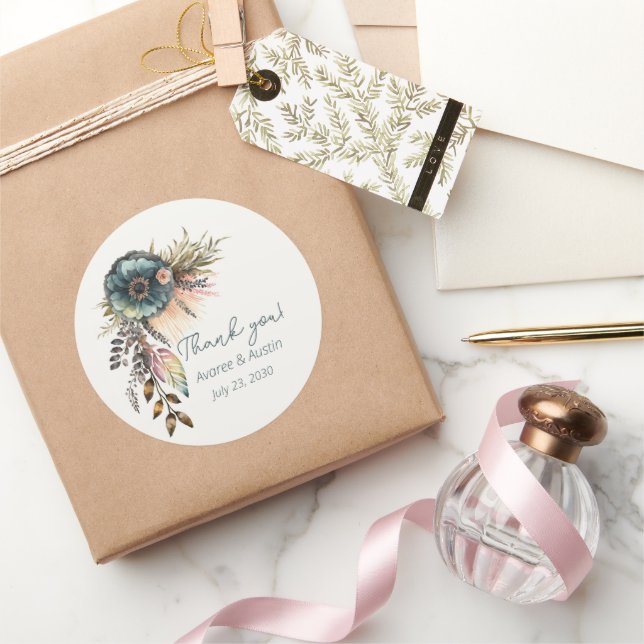 Teal Floral Wedding Thank You Classic Round Sticker (Gifting)