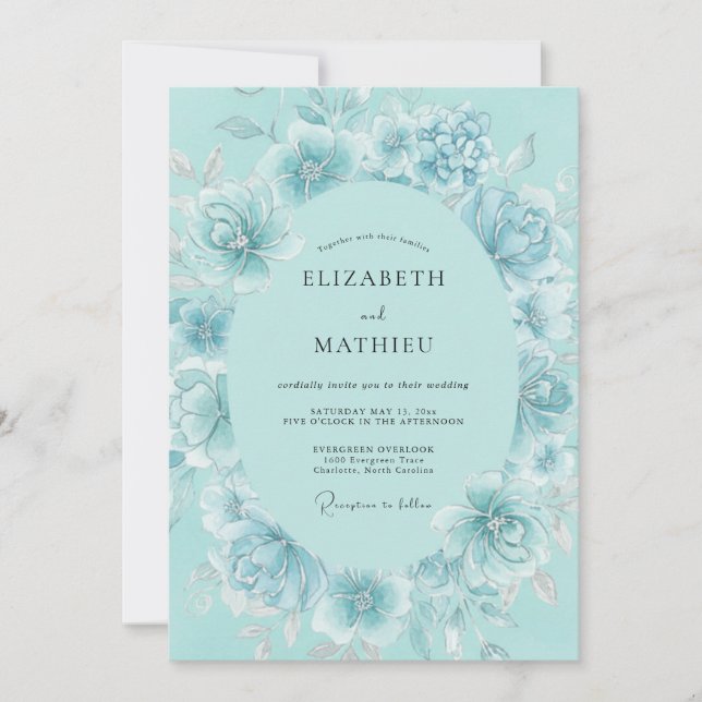 Teal Floral Wreath Romance Wedding Invitation (Front)