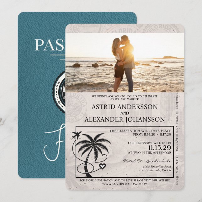 Teal Florida Passport Wedding Invitation (Front/Back)