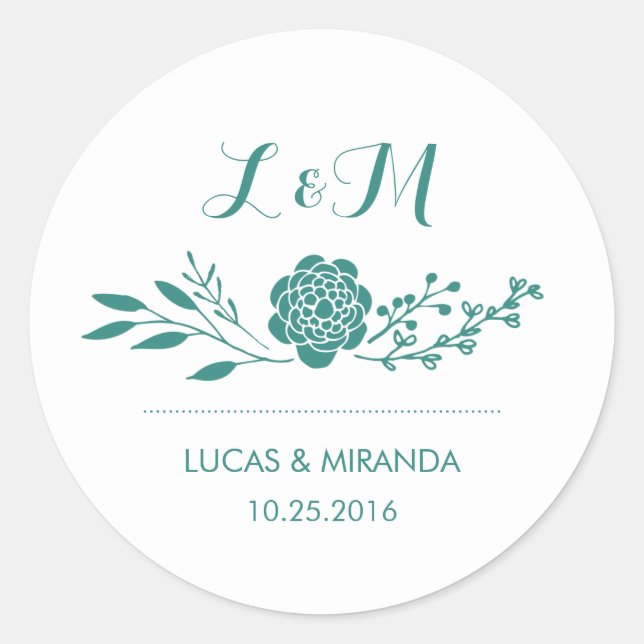 Teal Flower and Leaf Wreath Wedding Favour Sticker (Front)