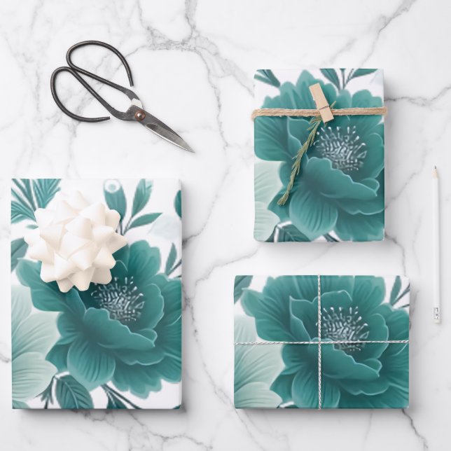 💐Teal Flower Delight Wrapping Paper Sheet (Front)