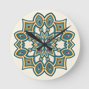 Teal Flower Mandala Round Clock
